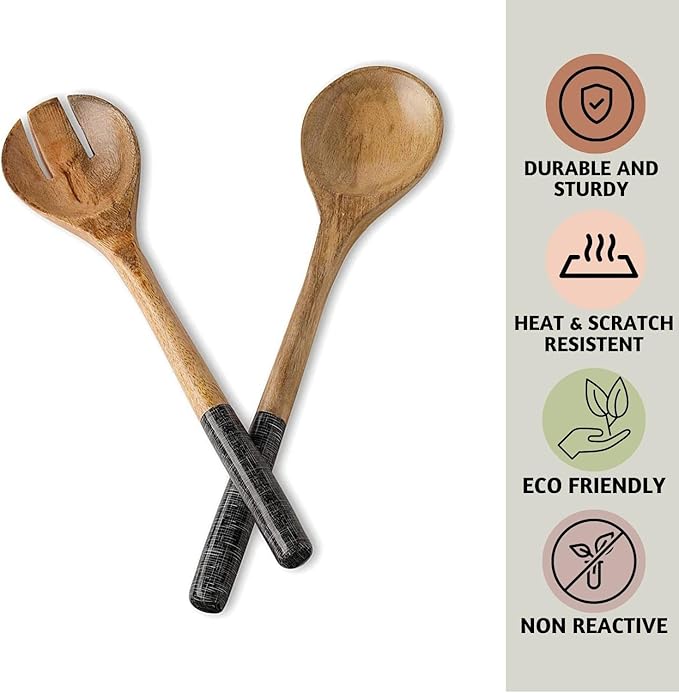 Folkulture Salad Servers or Salad Tongs | Set of 2 (12") Serving Spoons in Kitchen Essentials or Salad Hands Set | Wooden Salad Tongs for Serving | Christmas Gifts for Women Unique