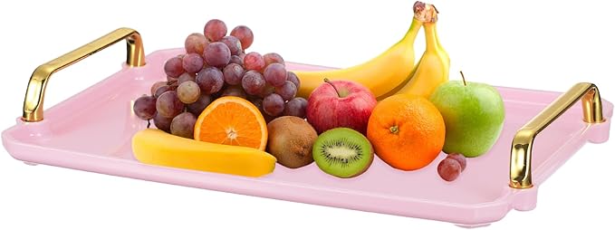 uxcell Plastic Serving Tray with Golden Handle, 12 x 8.6 Modern Rectangular Decorative Tray Acrylic Reusable Tea Platter for Countertop Bathroom Kitchen Home Restaurant, Pink