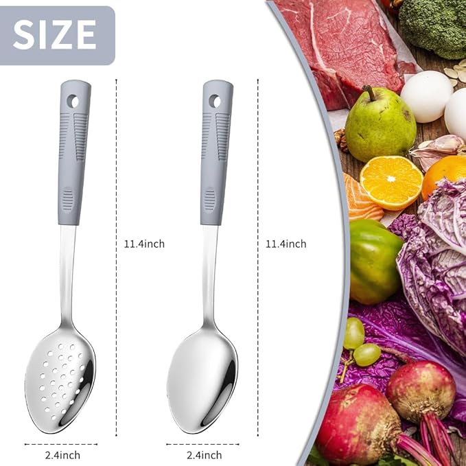 Stainless Steel Serving Spoons & Slotted Spoons Set, with Non-Slip Silicone Handles,2-Piece Metal Serving Spoon, Slotted Metal Spoon for Home Kitchen, Parties & Daily Use-Grey