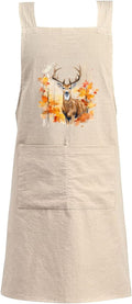 Cotton Linen Apron Non-tie Cross Back Kitchen Apron with Pockets Soft Comfortable Durable for Cooking Baking Gardening (Khaki,Deer)