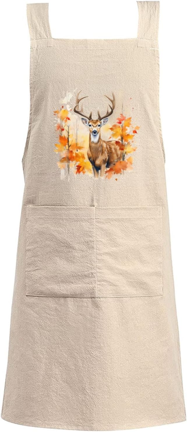 Cotton Linen Apron Non-tie Cross Back Kitchen Apron with Pockets Soft Comfortable Durable for Cooking Baking Gardening (Khaki,Deer)