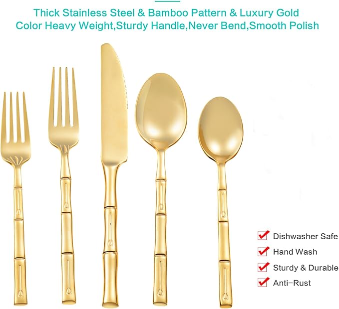 Flatware Set Gold Silverware Set Stainless Steel Bamboo Handle Cutlery Set Mirror Polished 40 Pieces for Home Kitchen Restaurant Hotel Wedding Housewarming Gift Service for 8