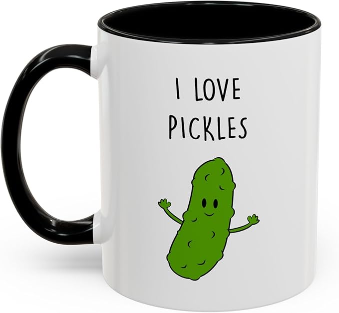 Cute Pickle Lovers Coffee Mug - I Love Pickles, Black Accent Mug, Funny Gift for Veggies Fans, Kitchen Decor, Unique Ceramic