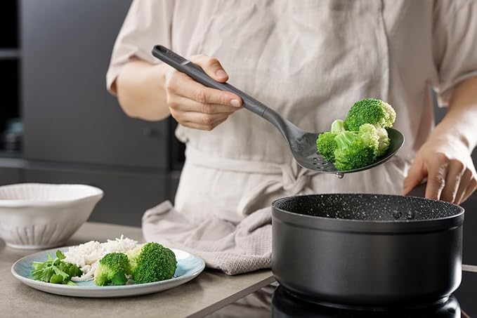 Zyliss E980232 Skimmer, Sustainable Wheatstraw/Nylon, Cooking Spoon with Holes for Skimming/Draining, Non Stick, Heat Resistant Silicone Head, Beluga Grey, 13.2" X 4.8", Dishwasher Safe