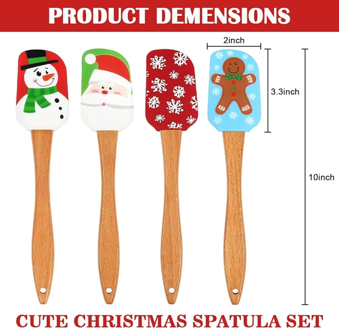 BOYAN Christmas Silicone Spatula, Set of 4, Christmas Spatulas with Wooden Handle for Baking, Kitchen Utensils Baking Supplies for Cooking, Gifts and Decoration