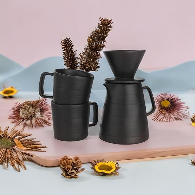 Francois et Mimi Pour Over Drip Coffee Maker Gift Set with Two Coffee Mugs, Non-Electric Pour Over Coffee Dripper, Easy Manual Brew Maker, Dishwasher and Microwave Safe, Filters not included (Black)
