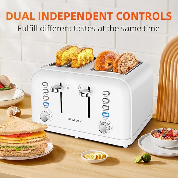 White Toaster 4 Slice, Dual Independent Controls, Extra Wide Slot Toasters for Bagel, Bread, Waffles, 7 Shade Settings, 4 Main Functions, Removable Crumb Tray, 1500 Watts, White Stainless Steel