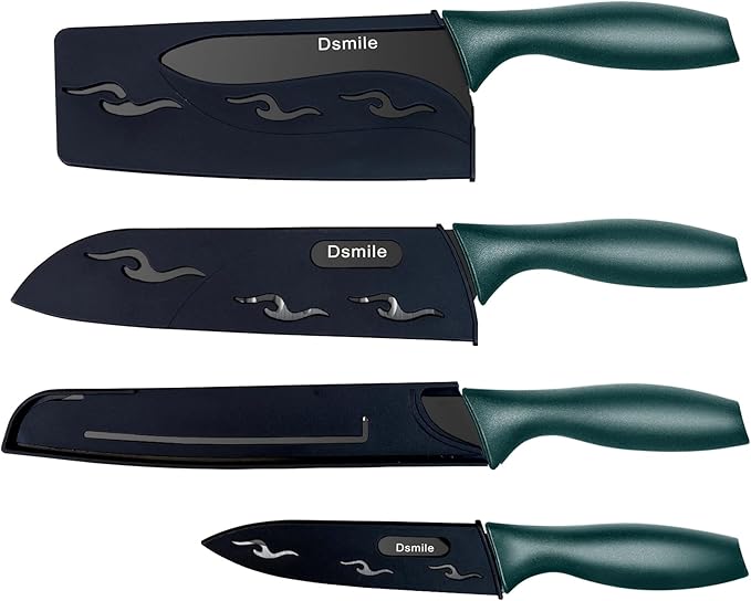 Dsmile 4 PCS Kitchen Knife Set,Black Stainless Steel Knives with Knife Covers,Non-Stick Coated Stainless Steel Blades for Cutting,Slicing & Dicing