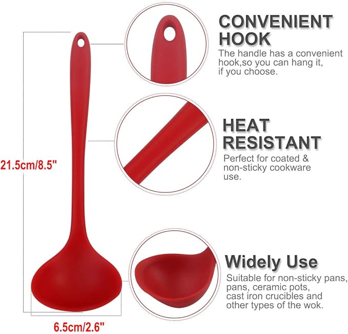 uxcell Silicone Soup Ladle Spoon 8.5 Inch Heat Resistant to 450°F One Piece Design Restaurant Kitchen Cooking Utensil for Serving Soup Red