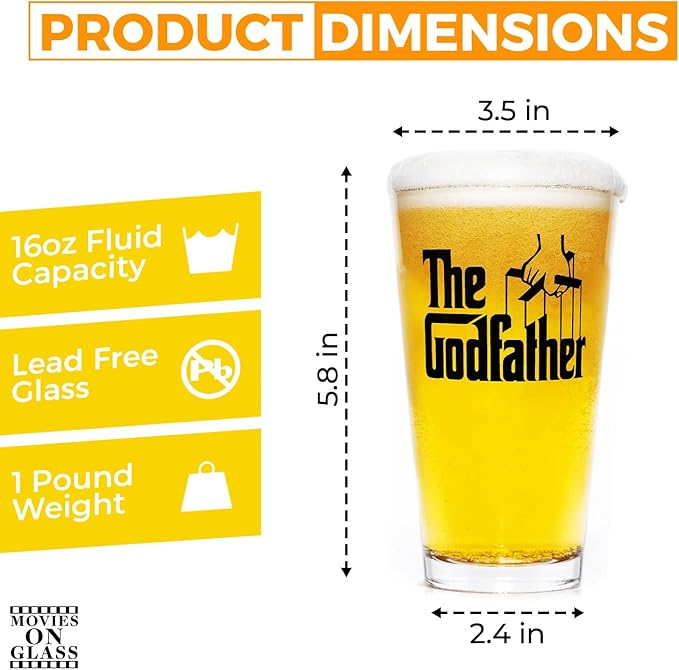 The Godfather Printed Pint Beer Glass - Officially Licensed, Premium Quality, Handcrafted Glassware, 16oz. - Perfect Collectible Gift for Movie Enthusiasts, Birthdays & Special Occasions