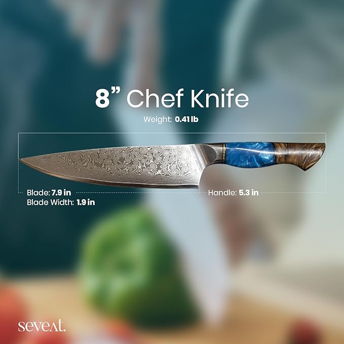 Damascus Kitchen Knife, 67-Layer Damascus Steel, 13” Professional Chef Knife for Kitchen, Ergonomic Wood & Resin Handle in Gift Box, Ideal for Gifting (Blue, 1 piece)