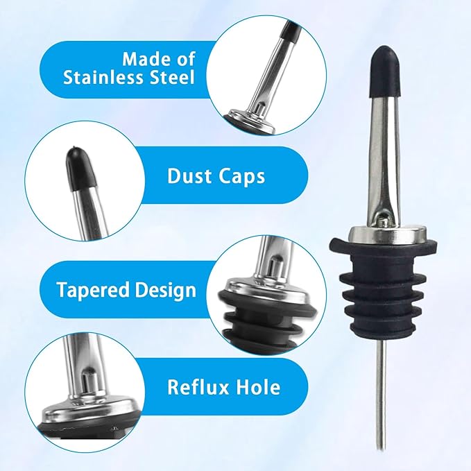 Liquor Pour Spouts with Dust Caps - Speed Pourer Nozzles for Alcohol & Liquor Bottles | Pro Bar & Home Use Bartender Accessories with Leak-Proof & Rustproof Toppers