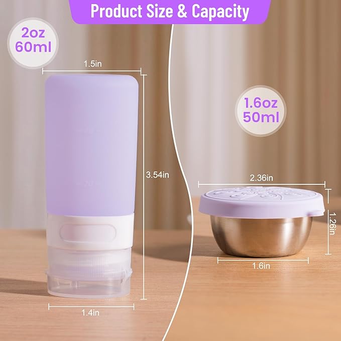 8-Pack Salad Dressing Container To Go, 2-oz Silicone Small Condiment Squeeze Bottles and 1.6 oz Stainless Steel Sauce Containers Cups, Leakproof Condiment Containers with Lids for Lunch Box