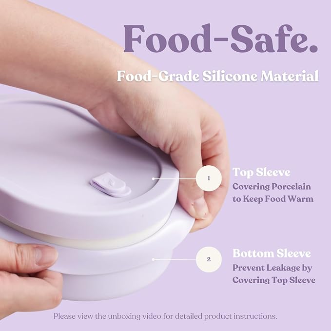 Ceramic Bento Lunch Box with Silicone Lid & Compartment Divider for Adults, Reusable Airtight Meal Prep Food Storage, Sandwich, Snack, Salad Container, Microwave Oven Safe (Lilac, 30.4 Oz)