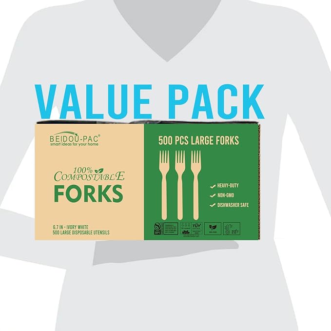 Compostable Forks 500 Count, 7 In Large Disposable Biodegradable Flatware, Eco Friendly Durable Heat Resistant Cutlery Eating Utensils Silverware Alternative to Plastic Forks, BPI Certified