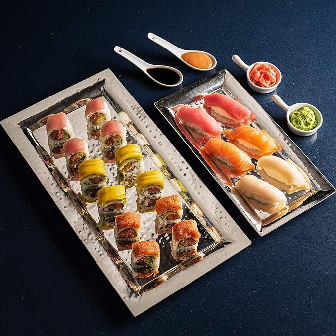 Silver Hammered Trays - Silver Serving Tray and Platters - Appetizer Tray - Chrome Platter (2 Pack Rectangle Platters)