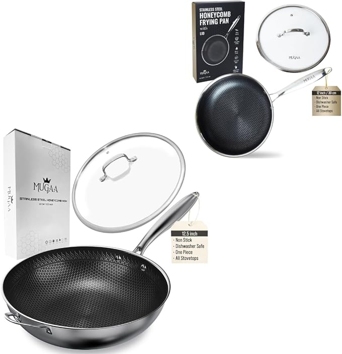 Nonstick Stainless Steel Pan Set – 12.5” Wok with Lid + 12” Frying Pan with Lid, Tri-Ply Honeycomb Hybrid Pans, Premium Kitchen Bundle