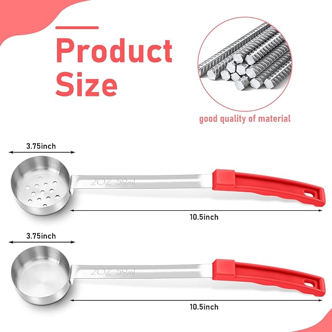 2 Pcs Portion Control Serving Spoons, Restaurant Measuring Serving Ladle Utensils, Portion Spoons for Weight Loss, Kitchen(Red,2 oz,Solid and Slotted)