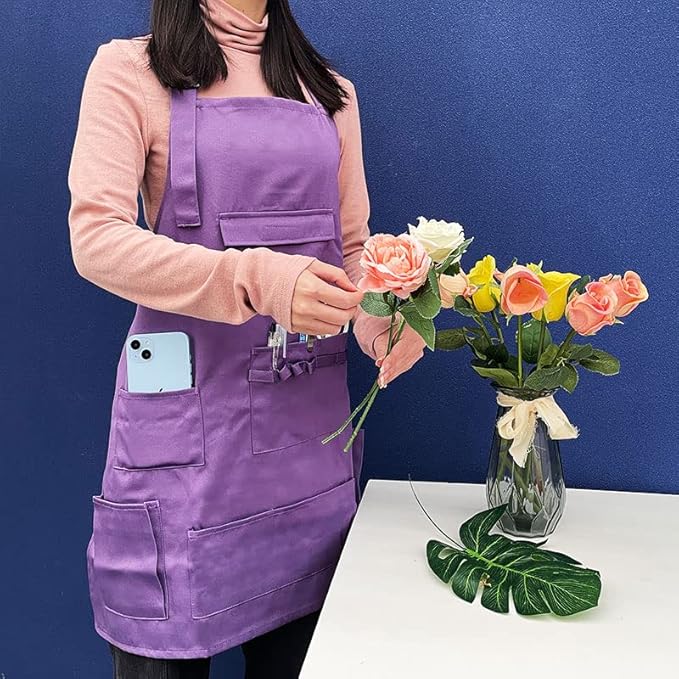 boshiho Adult Painting Aprons, Adjustable Buckle, Barber Apron with Pockets for Women/Men/Unisex, Utility or Work Apron (Purple)