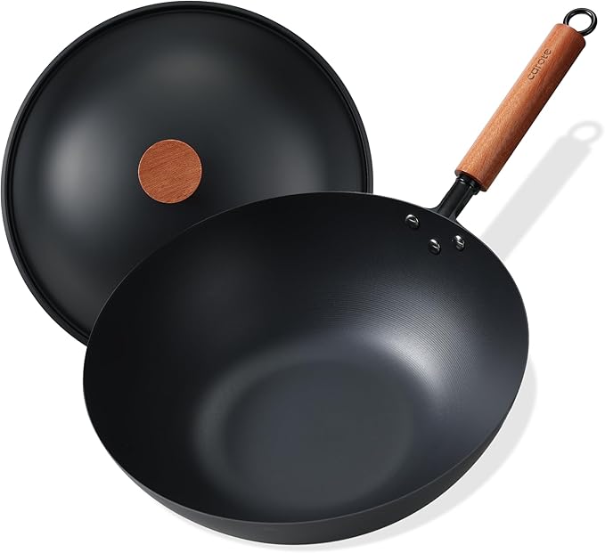 CAROTE 12" Carbon Steel Wok Pan, 4.5QT Woks & Stir-fry Pans, No Chemical Coated Pre-Seasoned Flat Bottom Wok with Lid for Stir Fry, BBQ, Grill & Camping, All Stovetop Compatible, Black