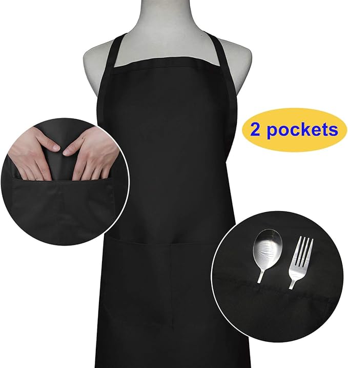 Black Apron with Pockets for Women Men Adult Chef, Set of 10 Bulk Kitchen Aprons for Cooking Baking Restaurant Painting DIY BBQ (10, Black)