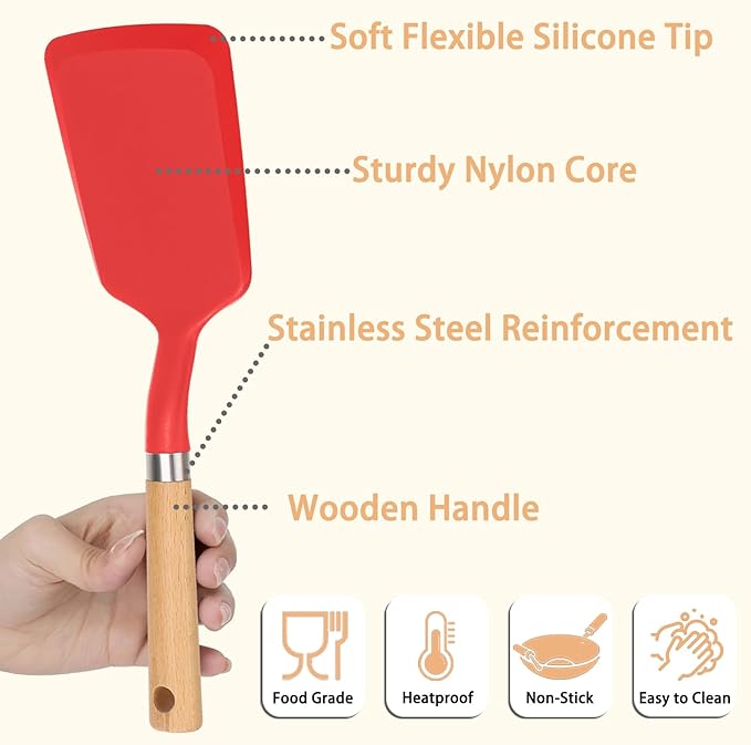 Silicone Spatula Turner, Heat Resistant Pancake Flipper Spatulas for Nonstick Cookware, Cooking Utensils with Wood Handle for Serving, Baking, Frying, Egg, Fish and Burger (1, Red)