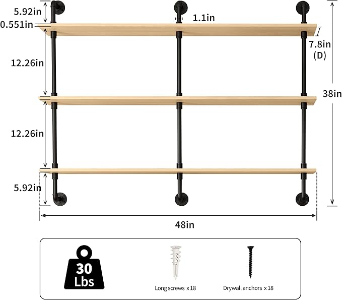 3-Tier Industrial Pipe Floating Shelf – Rustic 48 inch Wood Wall-Mounted Storage Shelf for Kitchen Office,Bathroom & Home Decor -White Oak