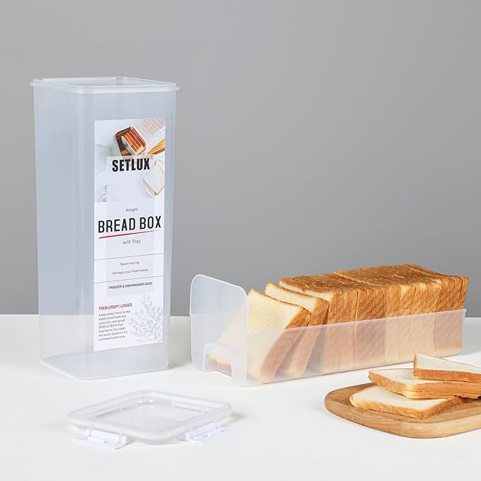 Bread Storage Container with Tray, Plastic Bread Box with Airtight Lid, Bread Keeper for Homemade Bread, Toast, Bagel, Donut(white)