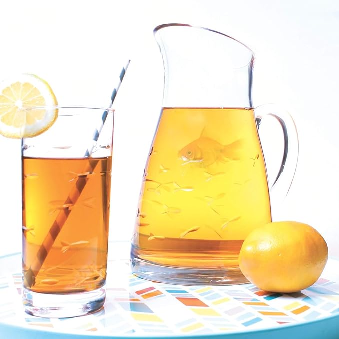 Rolf Glass School of Fish Highball Glass | Set of 2 15oz Cooler Glasses | Lead-Free Engraved Glass with Heavy Base | Proudly Made in the USA
