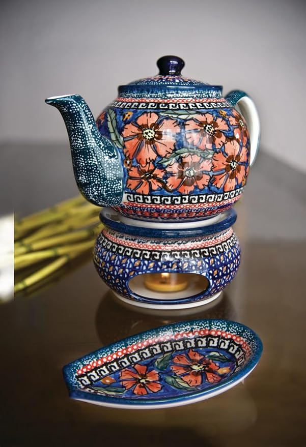 Blue Rose Polish Pottery - Red Jungle Flower Medium Teapot - 4 Cup Capacity - Hand-Painted Polish Pottery Ceramic Coffee & Tea Server