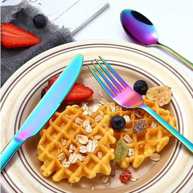 Rainbow Silverware Set for 12 Colored Flatware 60 Pieces Stainless Steel Cutlery Colorful Spoon Fork Knife Kitchen Utensils Restaurant Festival Parties Everyday Use