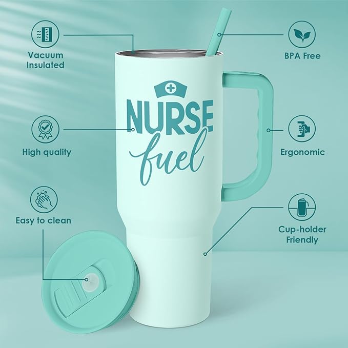 SANDJEST Nurse Gift Tumbler 40oz with Handle and Straw – Nurse Fuel Insulated Stainless Steel Travel Coffee Mug for Nursing Friend Student - Gifts for Appreciation, Birthday, Christmas