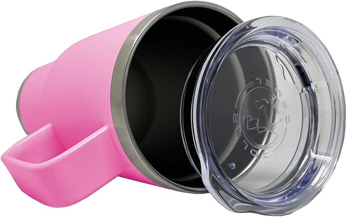 LaserGram 20oz Vacuum Insulated Travel Mug with Handle, Tiki Statue, Personalized Engraving Included (Pink)