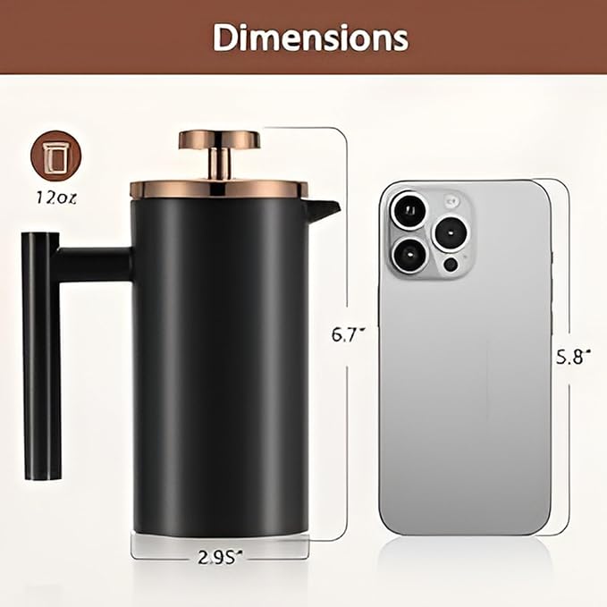Miuly 12oz French Press for One Person, Small Coffee Press 350ml with 2 Filter Mesh, Double Wall Insulated French Press for Travel, Black