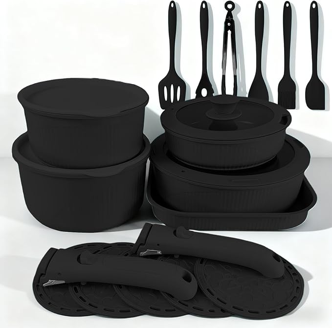 24 Pcs pots and pans set,pots and pans set non stick,Oven-safe and dishwasher-safe,PFAS/PFOA Free,Induction Dishwasher Oven Safe cookware set (Black)