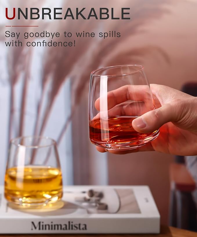 Stemless Wine Glasses Set of 6-15oz【Hand-Blown】 Durable Red White Wine Glasses,Unique Crystal Gifts for Him/Her for Wedding, Birthday，Engagement,Christmas