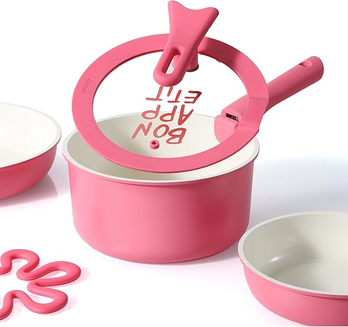 CAROTE Ceramic Sauce Pan Sets with Stand-Up Lid 3QT & 4QT, 10 Piece NonStick Kitchen Cookware Sets with Detachable Handle, Non Toxic Cooking Pot, Oven Safe, Induction Ready, Pink