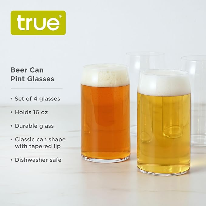 True Beer Can Glasses, Clear Tumblers, Superior Cocktail, Water, Juice, Iced Coffee, Soda, Beverage Drinking Glass, Kitchen Glassware Sets, Drinkware, Home Bar, 16 oz Set of 4