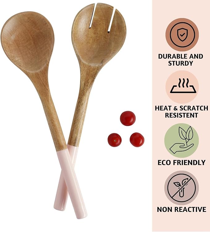 Folkulture Salad Servers or Salad Tongs, Wooden Utensils for Serving Salad, Salad Forks or Salad Tongs for Serving, Salad Sling, 12-inch Spoon and Fork Set, Mango Wood, Pink