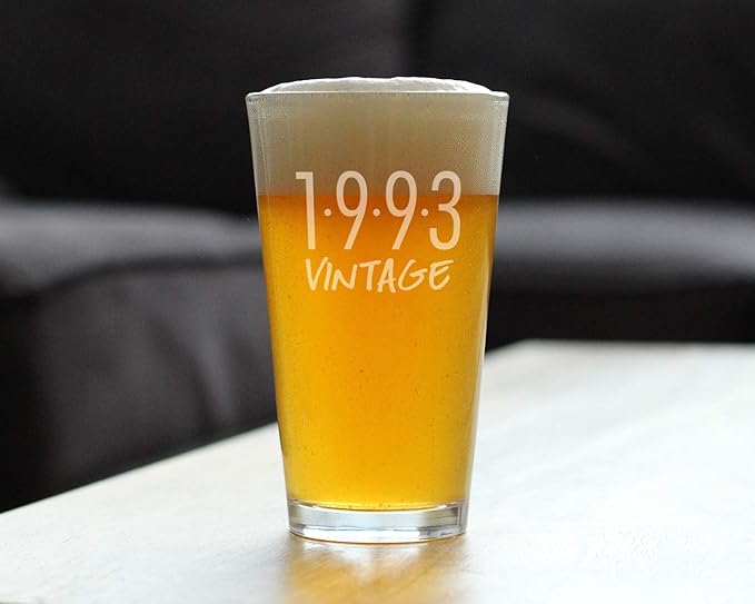 Bevvee Vintage 1993 Pint Glass for Beer - 32nd Birthday Gifts for Men or Women Turning 32 - Fun Bday Party Decor - 16 oz