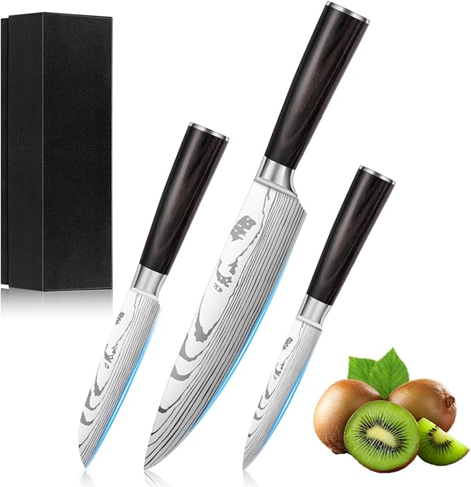 3-Piece Premium Japanese Kitchen Knife Set - Imperial Collection, Laser Damascus Pattern, 440A Stainless Steel Ultra Sharp for Fast Cutting (Redwood 3J)