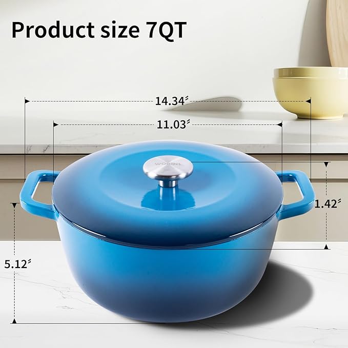Enamel Cast Iron Dutch Oven with Lid,Dual Handles,Heavy-Duty Cookware for Sourdough Bread Baking,Braising,Stews,Roasting,Oven Safe up to 500° F,7QT,blue