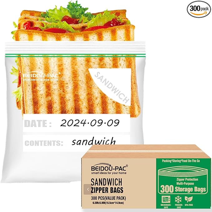 Sandwich Storage Zip Bags for Food On the Go, 300 Count | Double Zipper | 6.5" * 5.9", Freshness Easy Open Reclosable Clear Plastic Bags