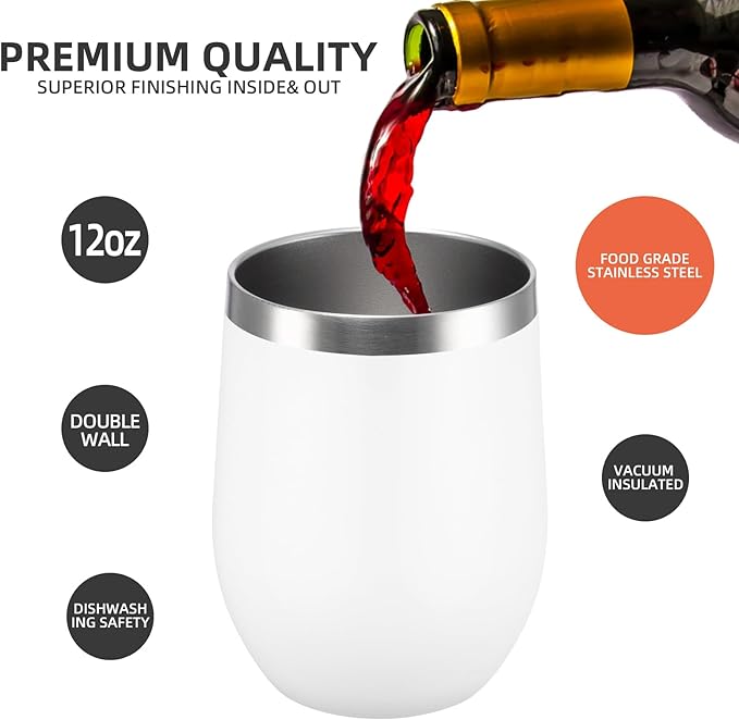 12 oz Insulated Wine Tumbler with Lid and Straw,Stainless Steel Stemless Wine Tumbler Glasses Double Wall Vacuum Wine Cups Tumbler Bulk for Coffee,Champaign,Cocktail (White,8)