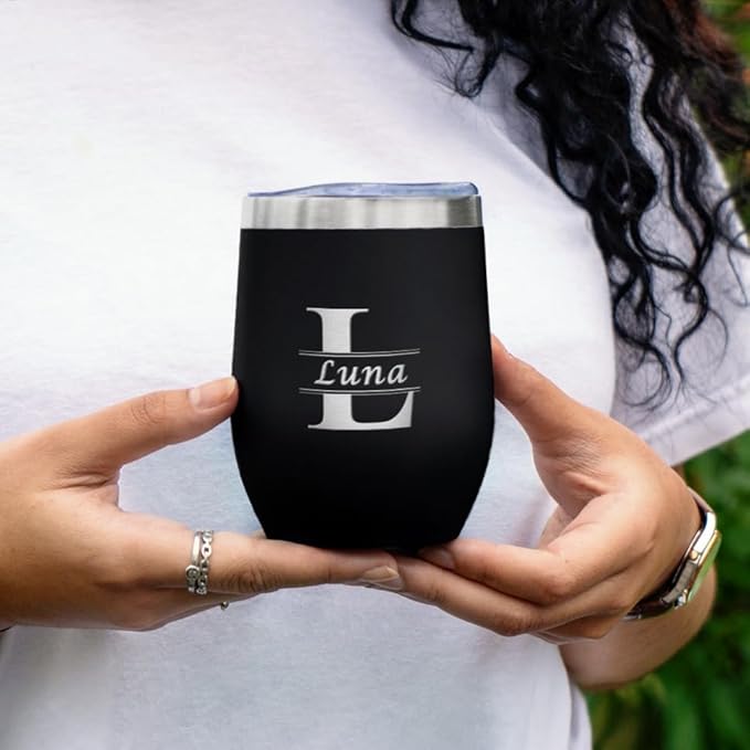 Gifts Inscribed Personalized Wine Tumbler with Lid – Black Custom Engraved Stainless Steel Insulated Mug for Hot & Cold Drinks – Customized Bridesmaid, Wedding, or Birthday Gift