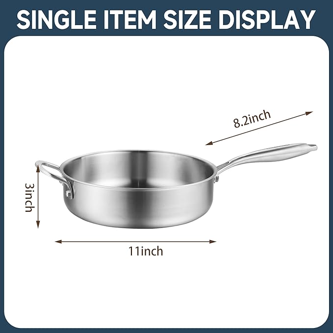 5-Quart Tri-Ply Stainless Steel Saute Pan with Lid, 11-Inch Skillet and Helper Handle,Skillet,Induction Cooking Pan,Dishwasher and Oven Safe