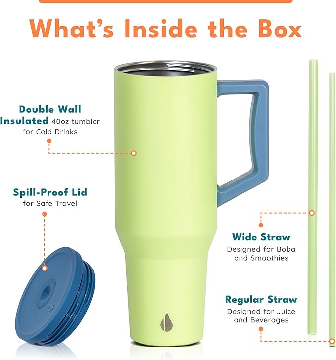 Elemental 40 oz Tumbler with Handle and Straw - Spill Proof Insulated Stainless Steel Commuter for Hot and Cold Beverages - Travel Coffee Mug with 2 Straws & Spill Proof Lid - 40oz - Sage Mist
