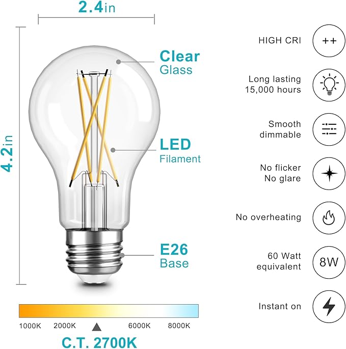 TJOY 12 Pack A19 Vintage LED Edison Bulbs, Dimmable, 60W Equivalent, High Brightness 2700K Warm White, 8W E26 Standard Base, 800 Lumens, CRI80+, Clear Glass Filament Bulb for Home, Farmhouse