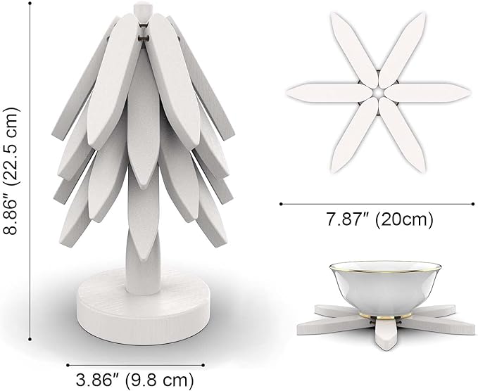 Wooden Trivets for Hot Dishes,Tree Shape Trivet Set, 4 Wooden Trivets+1 Stand, Natural FoldableKitchen Wooden Trivet for Hot Dishes、Pot、Bowl、Teapot、Hot Pot Holders (White)