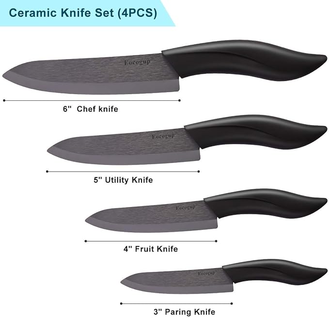 Updated Version Ceramic Knife Set 4-Piece with Sheaths (Includes 3" Paring Knife, 4" Fruit Knife, 5" Utility Knife, 6" Chef Knife) for Home Kitchen(Black)